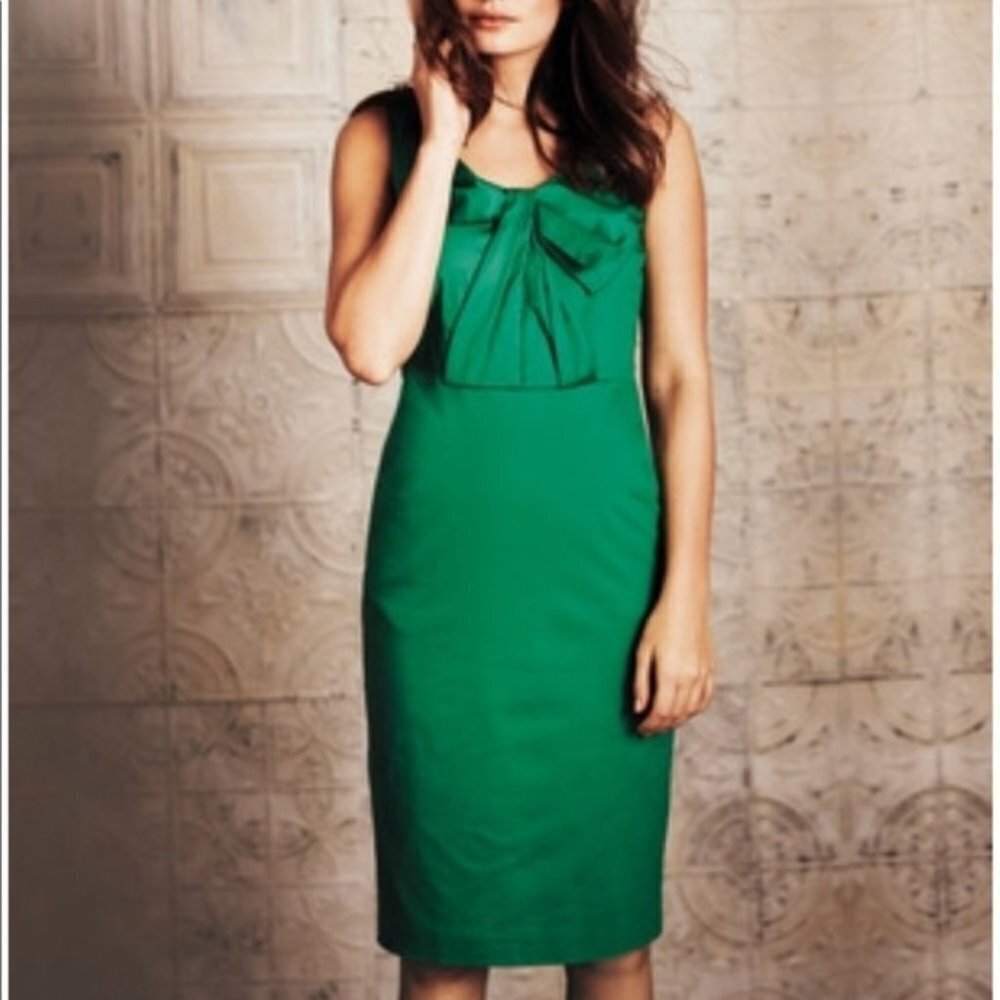 ✅ Boden Oxford GREEN SHEATH Bow Dress‎ SIZE 4 LONG